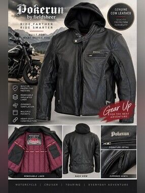 Pokerun Fieldsheer XL Genuine Leather Armored Motorcycle Biker Jacket